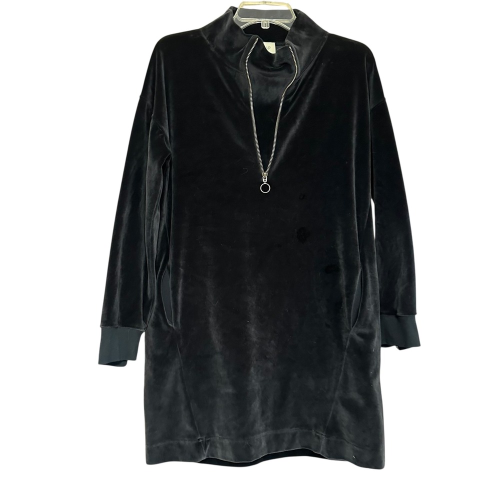 WRAP LONDON Black Velvet Mock Neck Quarter Zip Mini Lounge Dress Sz 4 Oversized